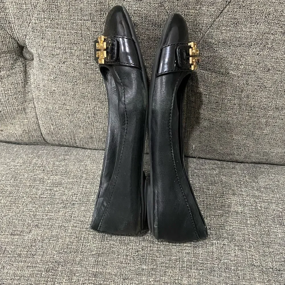 Tory Burch Eloise Black Leather Logo Ballet Flats Women Size 7